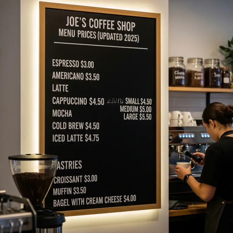 Joe’s coffee shop menu prices (updated 2025)