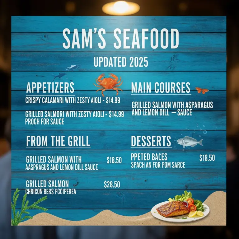 Sam’s seafood menu prices (updated 2025)